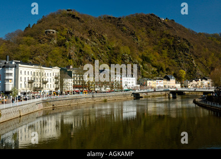 La vista su Bad Ems e fiume Lahn, Germania. Foto Stock