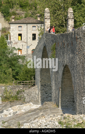 La 280 metro lungo il Ponte Vecchio, un ponte romano che attraversa il Trebbia per mezzo di undici archi disuguali. Bobbio, Italia Foto Stock