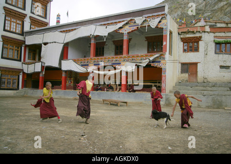 Bambini che giocano con un cane in Lamayuru, Ladakh, India Foto Stock