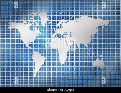 Mappa del mondo in argento su una griglia di metallo pattern Foto Stock