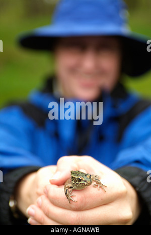 Donna che mantiene un nord di Leopard Frog Rana pipiens chiamato anche il prato o erba Rana Foto Stock