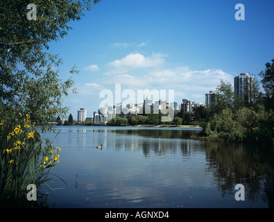Laguna persa nel Parco di Stanley con alti edifici del centro cittadino di Vancouver al di là di Vancouver British Columbia Canada Foto Stock