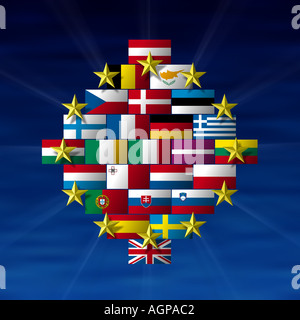 Unione Europea simbolismo cerchio di stelle e il diamante a forma di compilazione di Stati nazione Bandiere Foto Stock