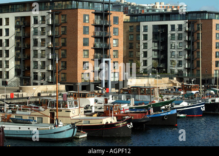 Vita alternative sulle chiatte ormeggiate dai moderni blocchi di appartamenti vicino a l'Isle of Dogs Canary Wharf London Foto Stock