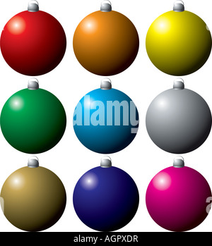 Colorata Collezione di decorazioni di Natale in nove colori differenti Foto Stock