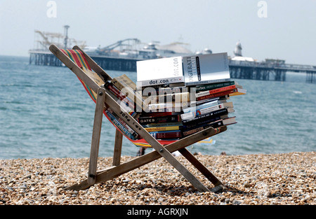 Grave lettura estiva con una pila di libri tecnici su una sedia a sdraio sulla spiaggia di Brighton con il molo in background Foto Stock