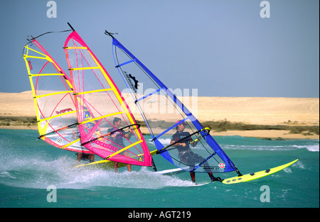 Tre gli appassionati di windsurf vela estremamente vicino insieme in un gruppo sul Mar Rosso in Ras Sudr Sinai Egitto con un caldo sole spiaggia sabbiosa sfondo Foto Stock