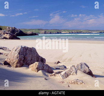 La Scozia, Western Isles, isola di Lewis, Uig Sands, Traigh Uuige. Vista sul mare oltre a Camas Uig Foto Stock