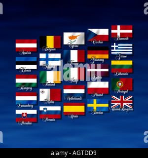 Bandiere con i nomi delle nazioni membro dell' Unione europea in modo scaglionato e centrato in uno spazio di colore blu Foto Stock