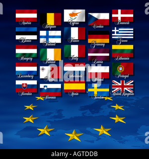 Bandiere di Stati Nazioni con nomi e nella parte inferiore di una mappa e la corona di stelle Foto Stock