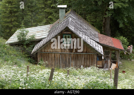 Capanna in legno su Salzberg montagna. Hallstatt village, Salzkammergut, Austria. Foto Stock