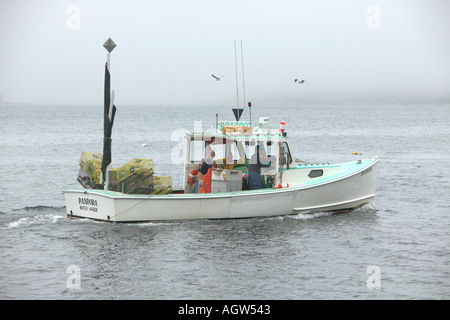 Lobster Boat off di foggy Schoodic Peninsula Maine USA Foto Stock