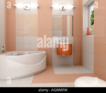 3D rendering di un bagno moderno con in bianco e arancione Foto Stock