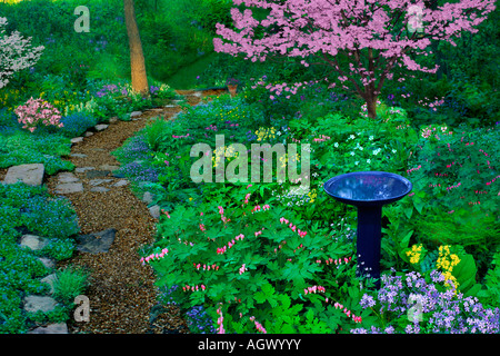 Percorso aggregato curve in primavera ombra giardino con bagno di uccelli e molti fiori che sbocciano e rosa e bianco sanguinello alberi, STATI UNITI D'AMERICA Foto Stock