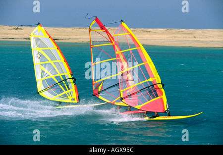 Tre adulti vela windsurf insieme in una stretta veloce del gruppo di formazione sul Mar Rosso al Moon Beach resort, Ras Sudr Egitto Foto Stock