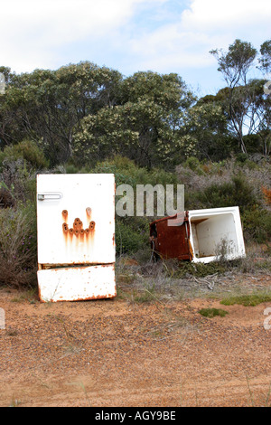 Abbandonato il frigo con foro di proiettile Smiley Face Foto Stock