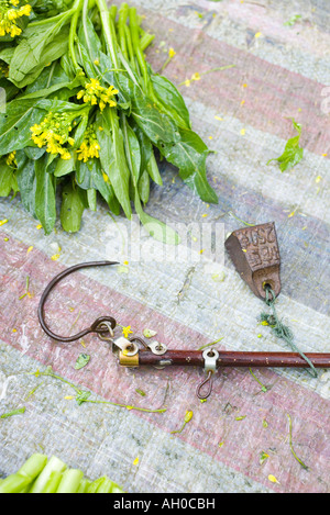 Il gancio in metallo che giace sul tavolo del mercato, close-up Foto Stock