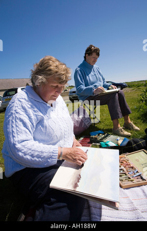 Regno Unito la contea di Down Rossglass due femmina artisti disegno Dundrum Bay e le montagne di Mourne Foto Stock