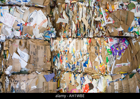 Carta riciclata compattato e raggruppati in strutture di riciclaggio Foto Stock