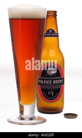 Una birra ambrata in una Pilsner il vetro e la bottiglia vuota con lo studio prodotto etichetta stagliano su sfondo bianco Foto Stock