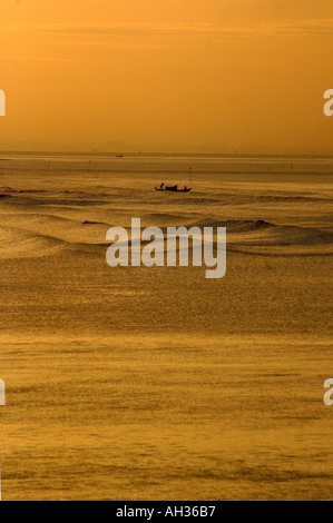 Buona mattina Vietnam,la mattina presto si riflette in golden onde sul fiume Mekong Delta vicino a Saigon Vietnam Foto Stock