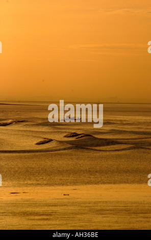 Buona mattina Vietnam,la mattina presto si riflette in golden onde sul fiume Mekong Delta vicino a Saigon Vietnam Foto Stock