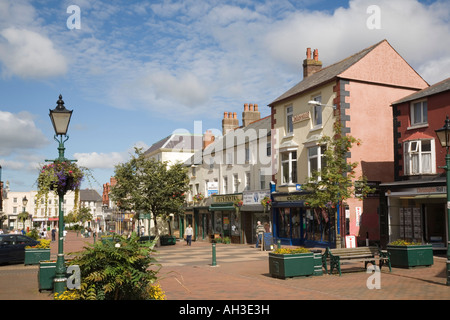 Pedone High Street shopping in centro città in estate. Holywell, Flintshire, il Galles del Nord, Regno Unito, Gran Bretagna Foto Stock