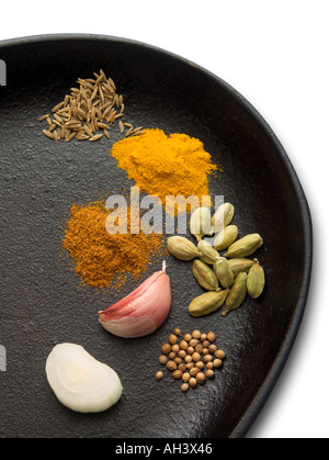 Indiano o spezie asiatiche in un nero ferro padella Foto Stock