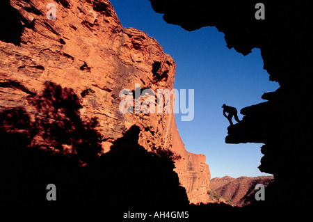 Adventurer su una battuta in una roccia , King Canyon, il Territorio del Nord, l'Australia Foto Stock