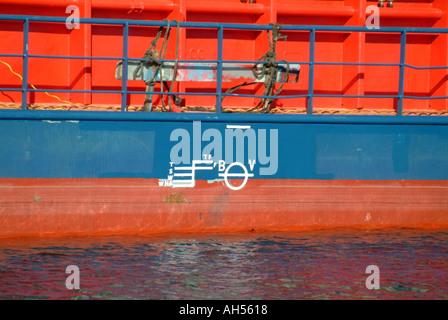 Contrassegni internazionali Plimsoll per il carico e la linea di galleggiamento sullo scafo della nave portacarichi che carica il porto di Haven, molo per Ipswich, Suffolk, Inghilterra, Regno Unito Foto Stock