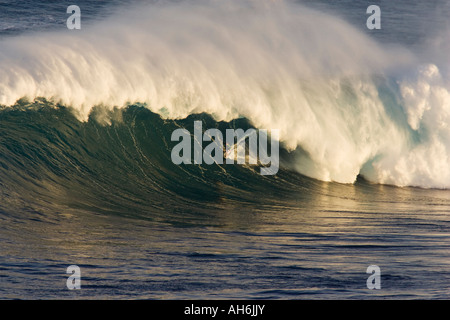 Un surfista cavalca un grande onda con spray offshore a ganasce, Maui. Foto Stock