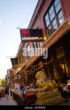 ILLINOIS Chicago Outdoor cenare presso il ristorante della libellula su Randolph Street vicino al lato ovest della città d'oro statua di Lion Foto Stock