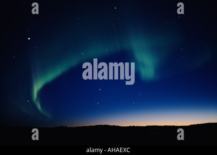 Aurora Borealis dal lago Myvatn con Giove e Saturno, Islanda Foto Stock