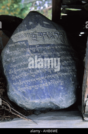 Mantra buddista e sacre scritture su pietre in Pisang dintorni Annapurna Conservation Area Nepal Foto Stock