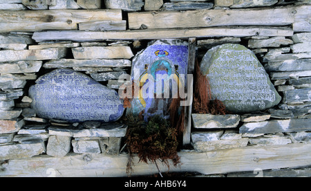 Mantra buddista e sacre scritture su pietre in Pisang dintorni Annapurna Conservation Area Nepal Foto Stock