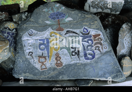 Mantra buddista e sacre scritture su pietre in Pisang dintorni Annapurna Conservation Area Nepal Foto Stock