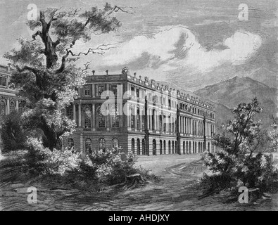 Architettura, castelli, Germania, Baviera, castello Herrenchiemsee, costruito 1878 - 1885 da Georg Dollmann e Julius Hofmann, vista esterna, incisione dopo disegno di Emil Beer, re Luigi II, Herreninsel, Chiemsee, 19th secolo, storico, storico, Ludwig, Foto Stock