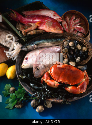 Ancora la vita di piatti a base di frutti di mare cibo editoriale Foto Stock
