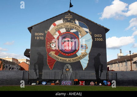 Murales lealisti in basso Shankill Road West Belfast Irlanda del Nord con memorial a UFF terrorista McKeag Steve Foto Stock