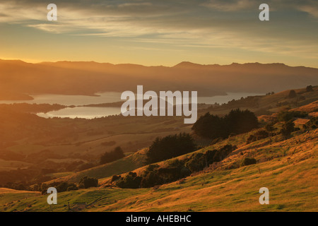 Vista dalla cima della collina che guarda verso Akaroa sulla Penisola di Banks vicino a Christchurch sull'isola del sud della Nuova Zelanda Foto Stock