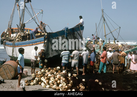 Cooperativa di pesca a Santa Rosa Perù.Folla di acquirenti e soci riuniti attorno a barca da pesca (bolichero) Foto Stock