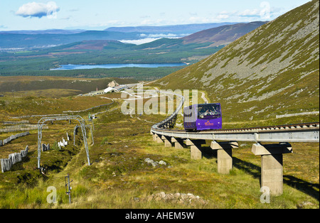 Vista spettacolare su Cairngorm Mountain Resort stazione inferiore e Loch Morlich con veicolo funicolare progredendo verso il vertice Foto Stock