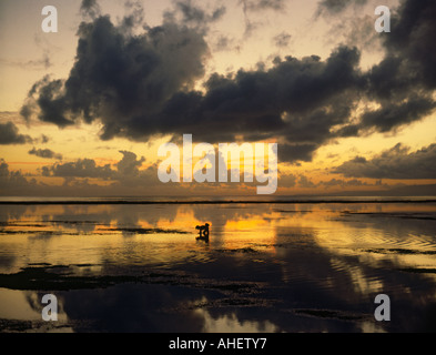 Cerca su acque calme a sunrise di silhouette del pescatore solitario off Sanur Beach sulla costa sud est Bali Indonesia Foto Stock