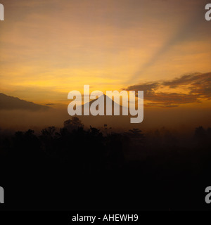 Sunsrise sopra le cime degli alberi guardando verso il monte vulcanico Merapi da Borobudur Java Centrale Indonesia Foto Stock