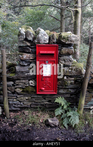 Paese postbox a secco muro di pietra nel distretto del Lago Foto Stock