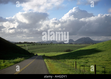 Una strada conduce alla Edna Valley contenente i vigneti e le piccole colline San Luis Obispo California è a distanza Foto Stock