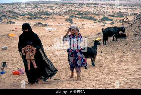 Bedu Donna con bambina e capre nel Wahiba Sands in Oman Foto Stock