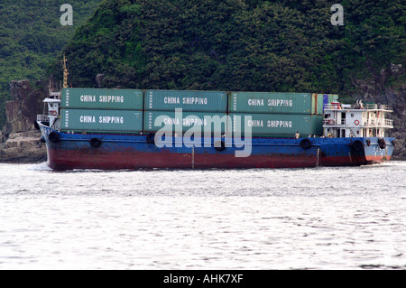 Nave cargo Freighter caricato con i contenitori di spedizione, Hong Kong, Cina Foto Stock