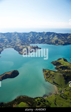 Porto di Akaroa Penisola di Banks Canterbury Isola del Sud della Nuova Zelanda antenna Foto Stock