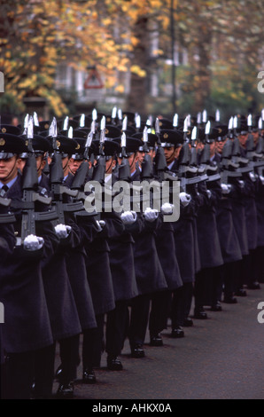 Queens Color Squadron RAF Reggimento marciando sul giorno del ricordo lampeggiante baionette argento e guanti bianchi, Birdcage Walk, London Foto Stock